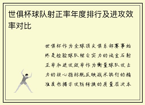 世俱杯球队射正率年度排行及进攻效率对比